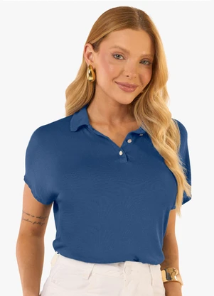 Rovitex - Blusa Feminina Visco Tricot Gola Polo Azul - ROVITEX