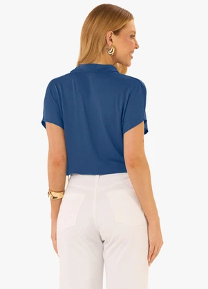 Rovitex - Blusa Feminina Visco Tricot Gola Polo Azul - ROVITEX