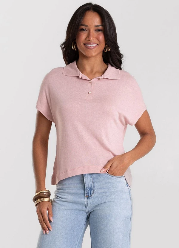 Rovitex - Blusa Feminina Visco Tricot Gola Polo Rosa