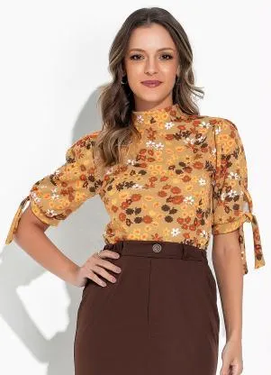 Rosalie - Blusa Floral Amarelo com Gola - ROSALIE
