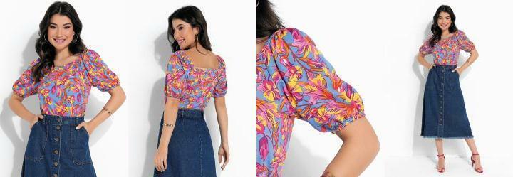Blusa Floral Azul com Decote V
