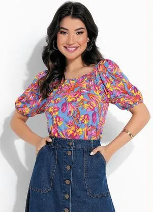 Rosalie - Blusa Floral Azul com Decote V - ROSALIE
