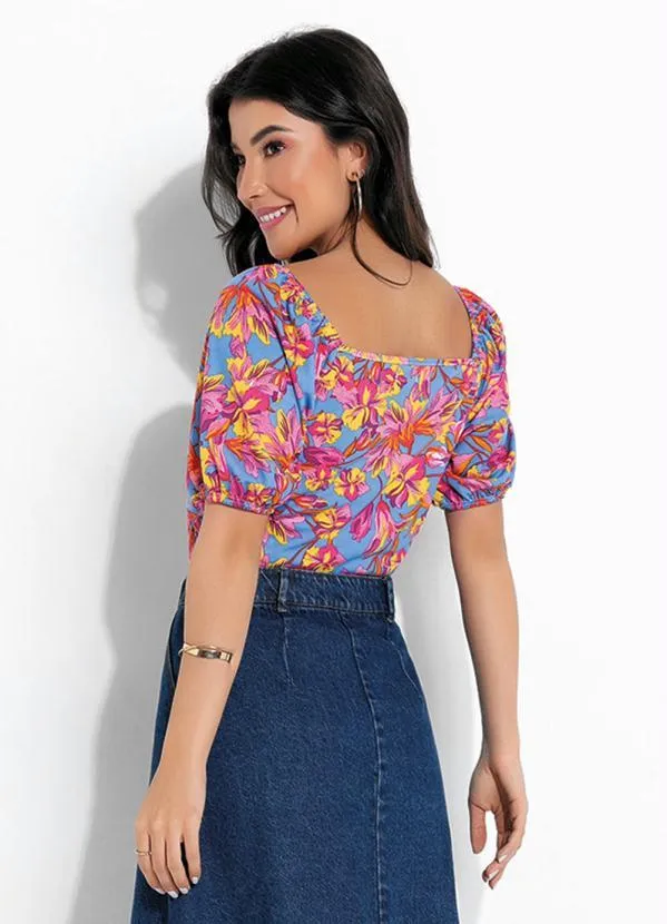 Rosalie - Blusa Floral Azul com Decote V 2