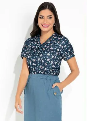 Rosalie - Blusa Floral Azul com Laço no Decote - ROSALIE