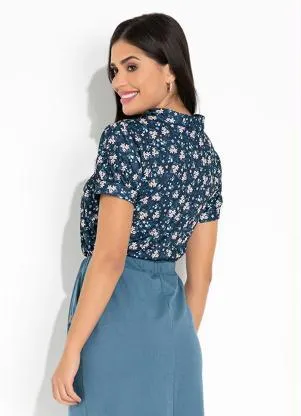 Rosalie - Blusa Floral Azul com Laço no Decote - ROSALIE