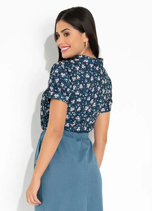 Rosalie - Blusa Floral Azul com Laço no Decote 2