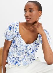 Blusa Floral Azul em Malha Fria