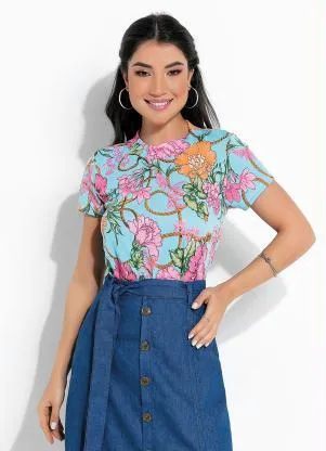 Rosalie - Blusa Floral Azul Manga Curta - ROSALIE