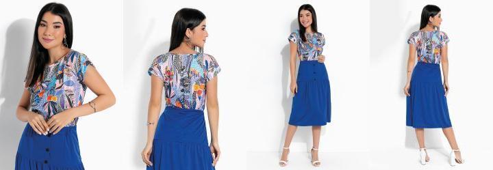 Blusa Floral Azul Mangas Curta