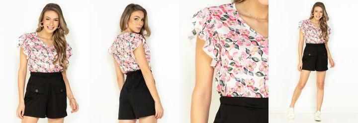 Blusa Floral com Manga de Babado e Botes