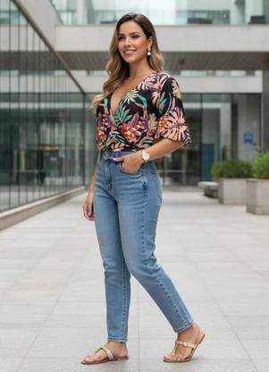 Quintess - Blusa Floral Dark com Elástico na Barra - QUINTESS