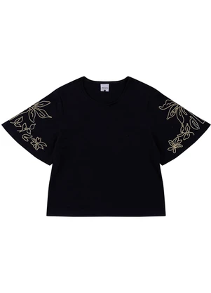 Malwee - Blusa Floral em Puff Preto - MALWEE