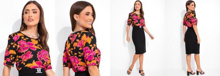Blusa Floral Escuro em Malha de Viscose
