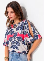Blusa Floral �tnico Color em Malha Fria