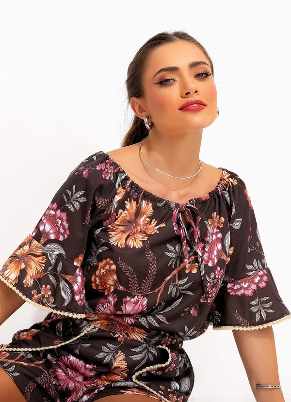 Moda Pop - Blusa Floral Fundo Marrom em Malha 6