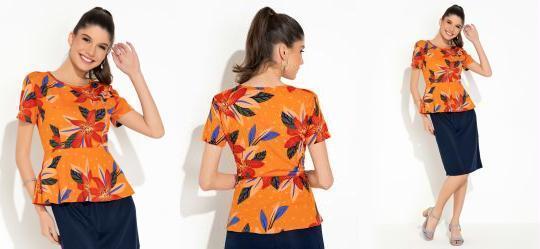 Blusa Floral Laranja Peplum