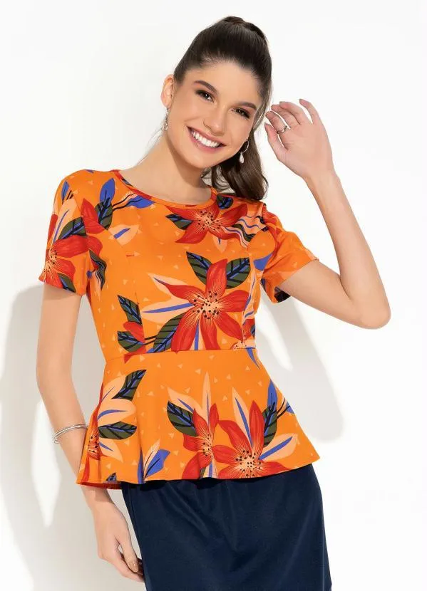 Rosalie - Blusa Floral Laranja Peplum