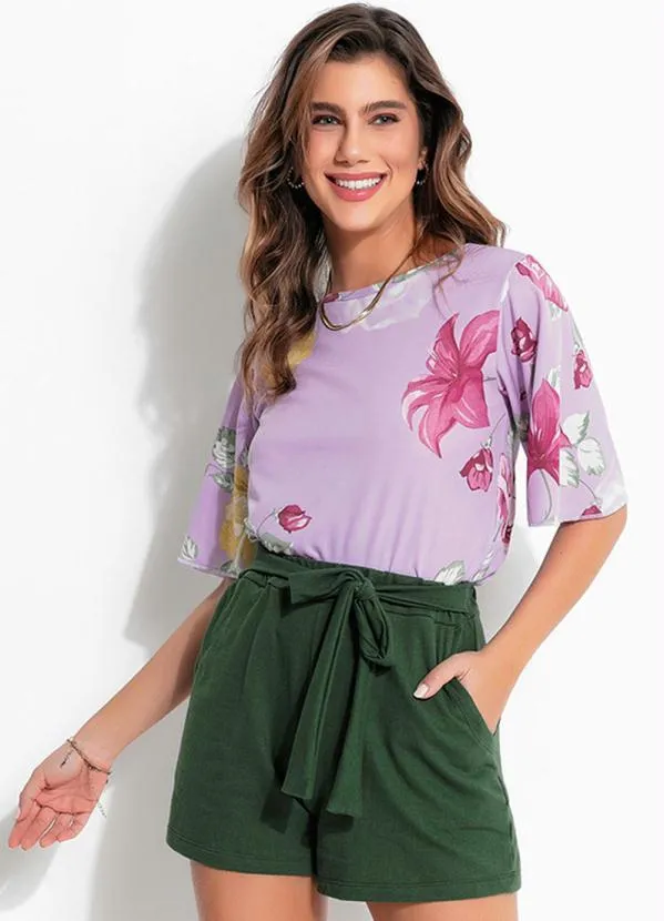 Queima Estoque - Blusa Floral Lilás Manga Curta Ampla 1