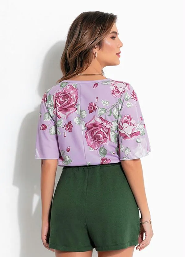 Queima Estoque - Blusa Floral Lilás Manga Curta Ampla 2