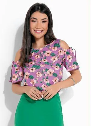Rosalie - Blusa Floral Lilás Ombro Vazado - ROSALIE