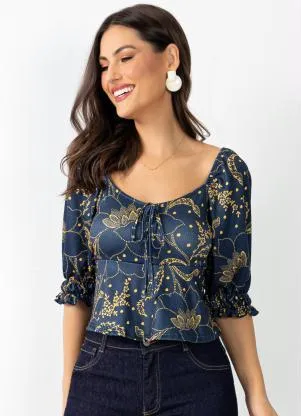 Quintess - Blusa Floral Marinho com Babados - QUINTESS