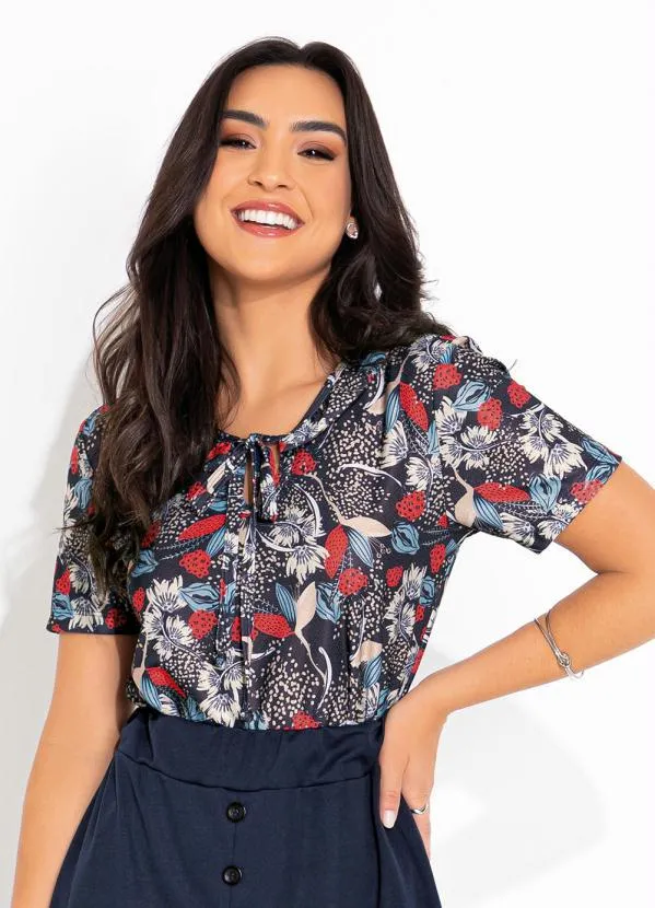 Rosalie - Blusa Floral Marinho com Gola