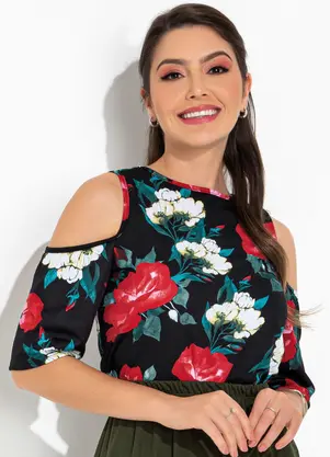 Rosalie - Blusa Floral Preto em Malha - ROSALIE