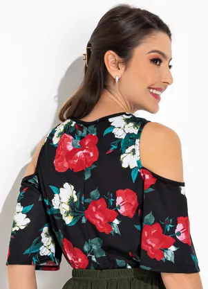 Rosalie - Blusa Floral Preto em Malha - ROSALIE