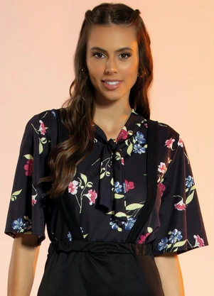 Rosalie - Blusa Floral Preto Gola Laço - ROSALIE
