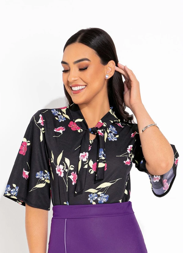 Rosalie - Blusa Floral Preto Gola Laço 5