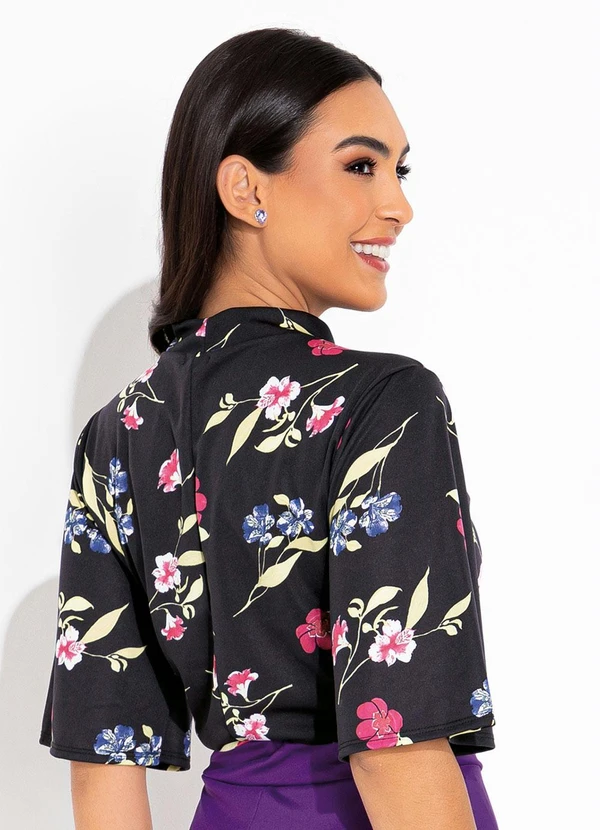 Rosalie - Blusa Floral Preto Gola Laço 6