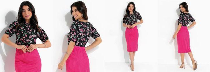 Blusa Floral Preto Manga Bufante