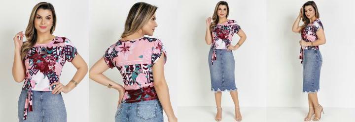 Blusa Floral Rosa com Amarrao Moda Evanglica