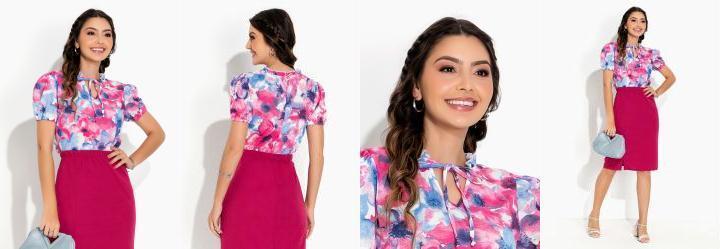 Blusa Floral Rosa com Gola