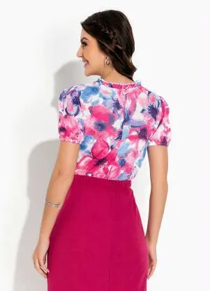 Rosalie - Blusa Floral Rosa com Gola - ROSALIE