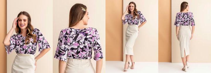 Blusa Floral Roxo Manga Ampla