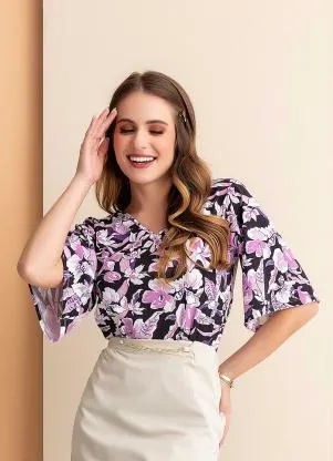 Rosalie - Blusa Floral Roxo Manga Ampla - ROSALIE