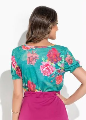 Rosalie - Blusa Floral Verde com Franzido - ROSALIE