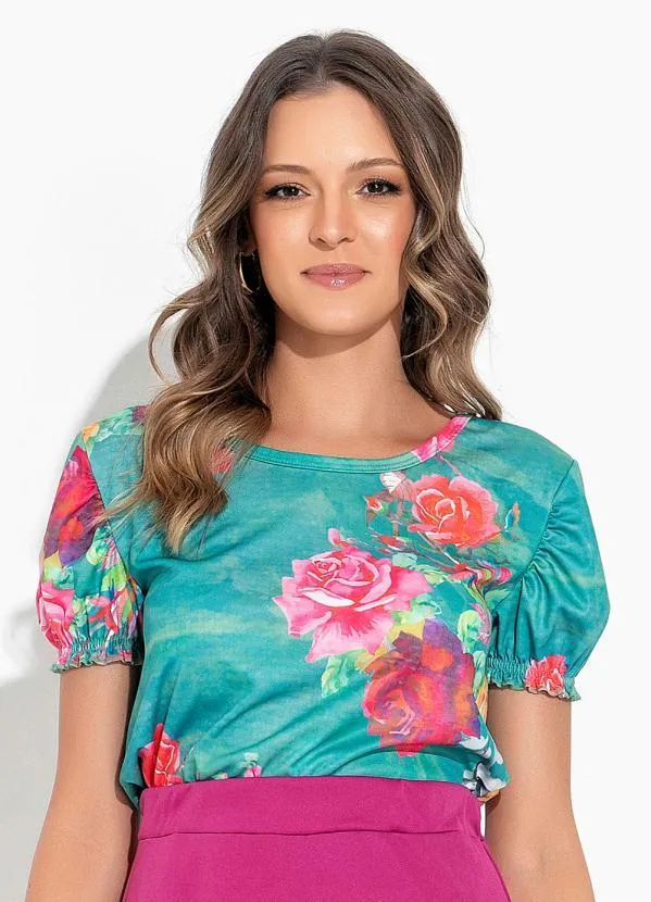 Rosalie - Blusa Floral Verde com Franzido