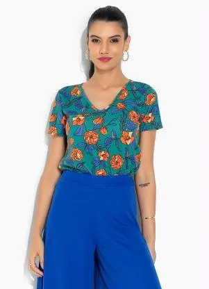 Moda Pop - Blusa Floral Verde com Mangas Curtas - MODA POP