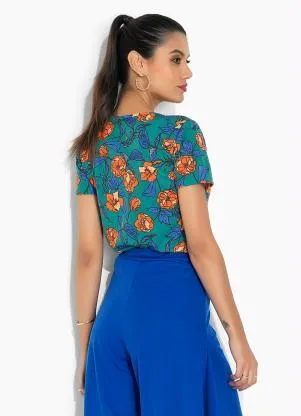 Moda Pop - Blusa Floral Verde com Mangas Curtas - MODA POP