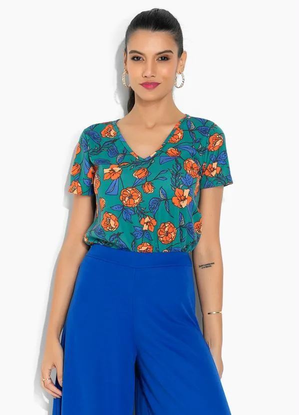 Moda Pop - Blusa Floral Verde com Mangas Curtas