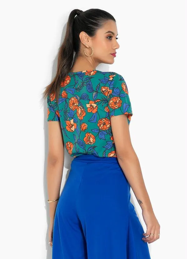 Moda Pop - Blusa Floral Verde com Mangas Curtas 2