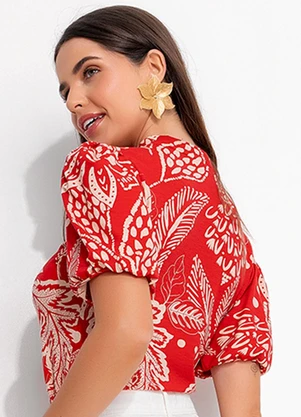 Quintess - Blusa Floral Vermelho em Malha de Viscose - QUINTESS