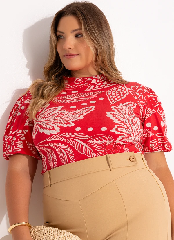 Quintess - Blusa Floral Vermelho em Malha de Viscose