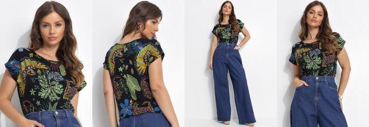 Blusa Floresta Preta em Malha de Viscose
