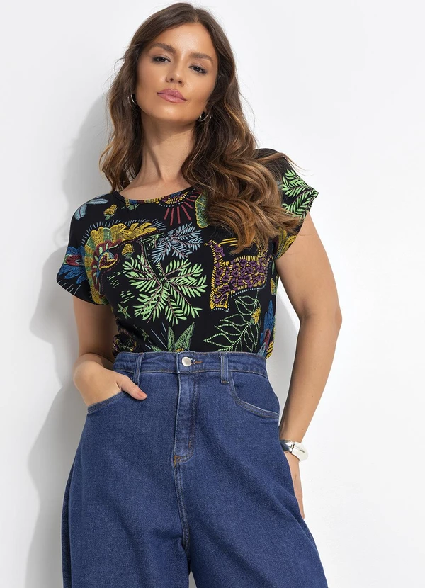 Quintess - Blusa Floresta Preta em Malha de Viscose