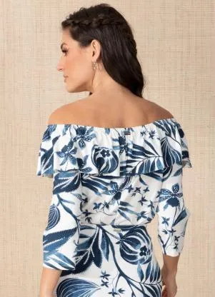 Quintess - Blusa Folhagem Azul com Babado - QUINTESS