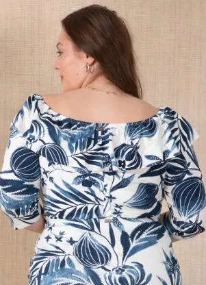 Quintess - Blusa Folhagem Azul com Babado - QUINTESS