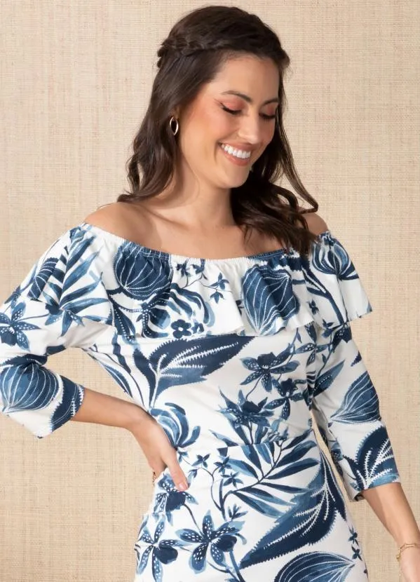 Quintess - Blusa Folhagem Azul com Babado